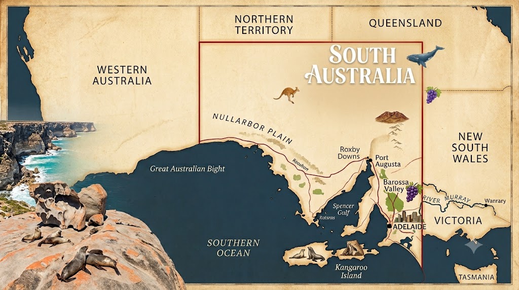 Carte de l'Australie-Méridionale et localisation d'Adélaïde